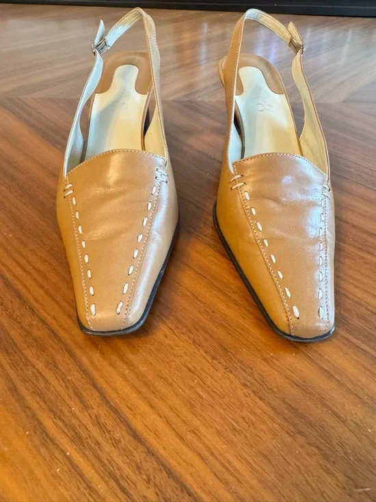 Franco Sarto Slingback Heels Tan Leather Square Toe Size 8 Chic - Picture 6 of 13